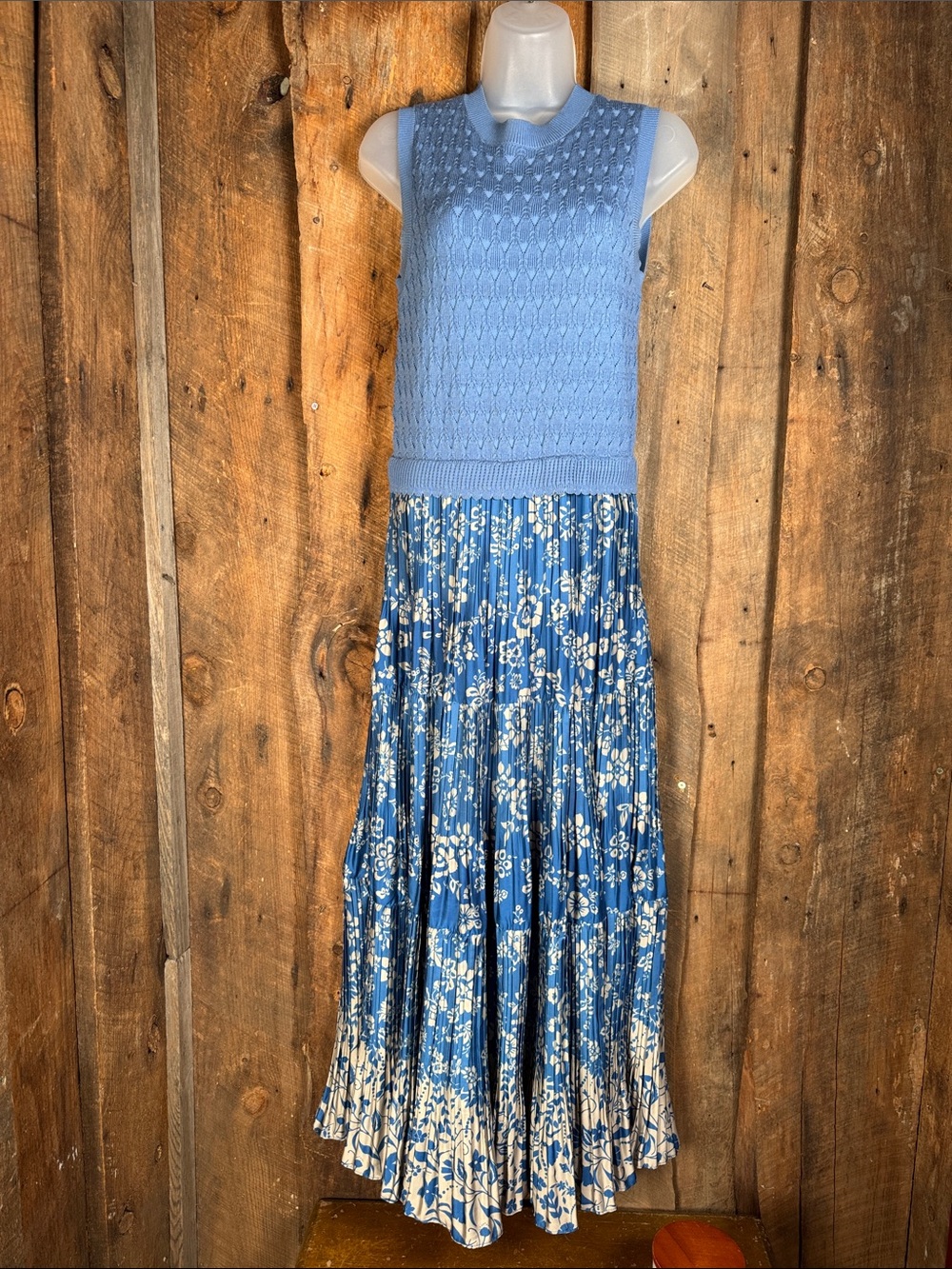 Current Air Blue Sleeveless Sweater with Pleated Maxi Skirt with Cream Accent